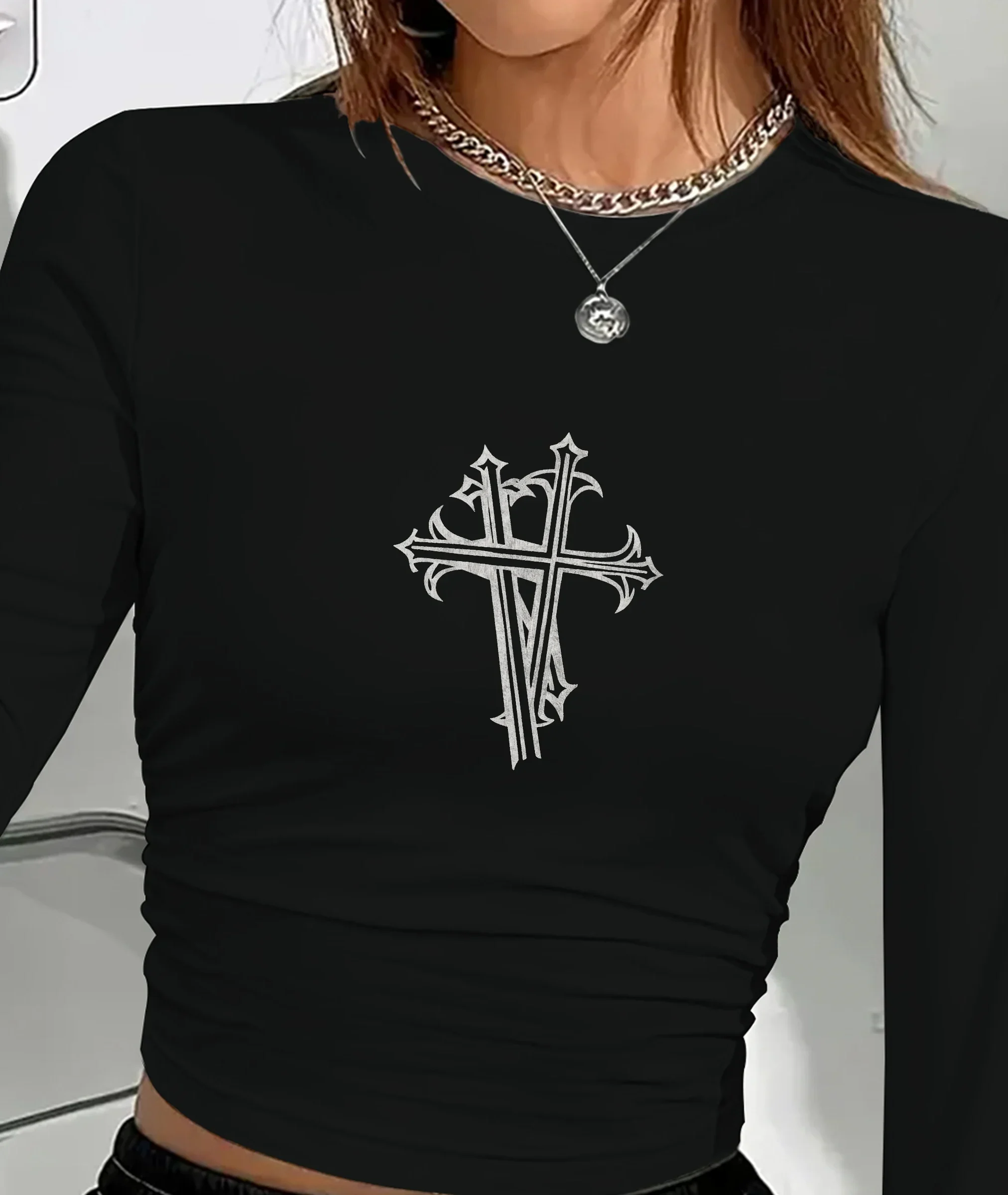 Gothic style black crosses women's fashion long sleeve shirt