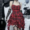 Goth Lolita Red Plaid Dress Women Streetwear Harajuku Punk Y2k High Waist Irregular Dress Partywear