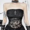 Gothic Lace Mesh Crop Tops Black Sexy Spaghetti Strap Corset Tops Goth Punk Grunge Fairy Core Halloween Y2K Aesthetic Clothes