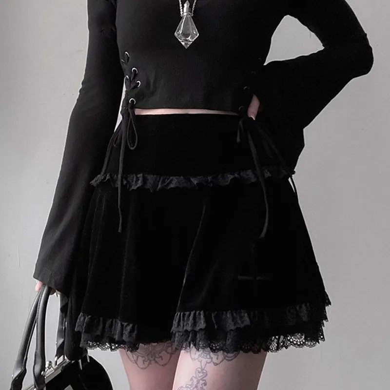 Goth Mall Gothic Aesthetic Velvet Pleated Mini Skirts Women Vintage Harajuku Emo Alt Clothes High Waist Lace Ruffles Skirt