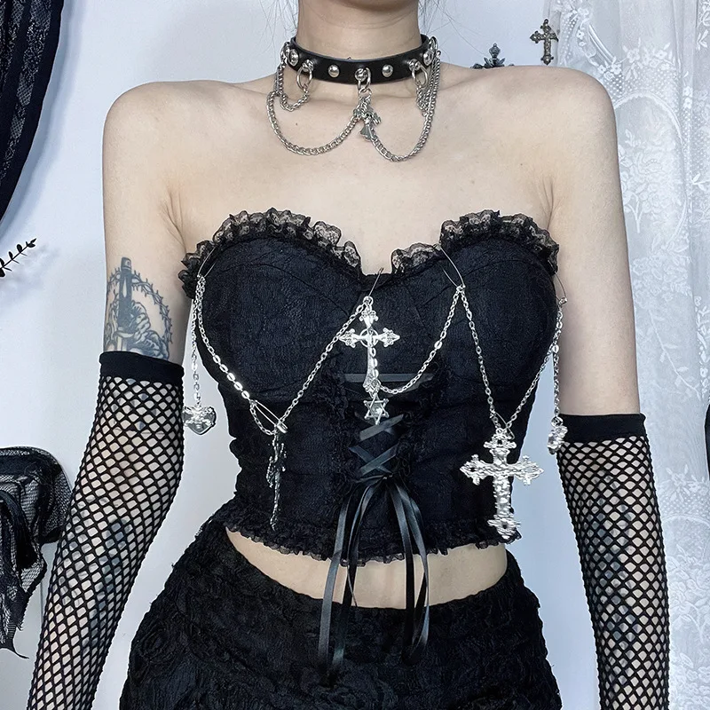 Goth Dark Gothic Cross Grunge Crop Tops Women Punk Black Sexy Backless Camis Bodycon Emo Party Tube Top Summer