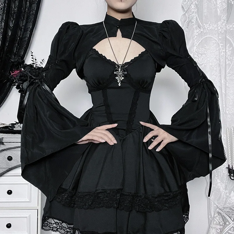 Goth Dark Lolita Gothic Bandage Crop Shrug Tops Grunge Flare Sleeve Vintage Capes Smock Top Punk Women Streetwear Alt Cloth