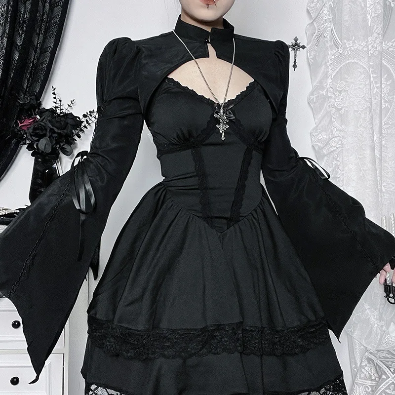 Goth Dark Lolita Gothic Bandage Crop Shrug Tops Grunge Flare Sleeve Vintage Capes Smock Top Punk Women Streetwear Alt Cloth - Image 4