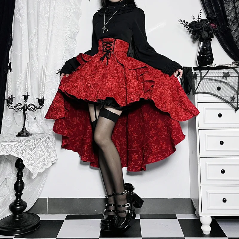 Hec56a8fd7d864227b523878cfffe7567K.webp Goth High Waist Swallowtail Skirt Women's Steampunk Vintage Lace up Asymmetrical High Low Skirt Outfits Party