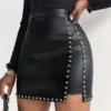 Sexy High Waist PU Studded Mini Skirts Casual Irregular Side Slit A-Line Bodycon Skirt for Women Summer Daily Party Wear Black