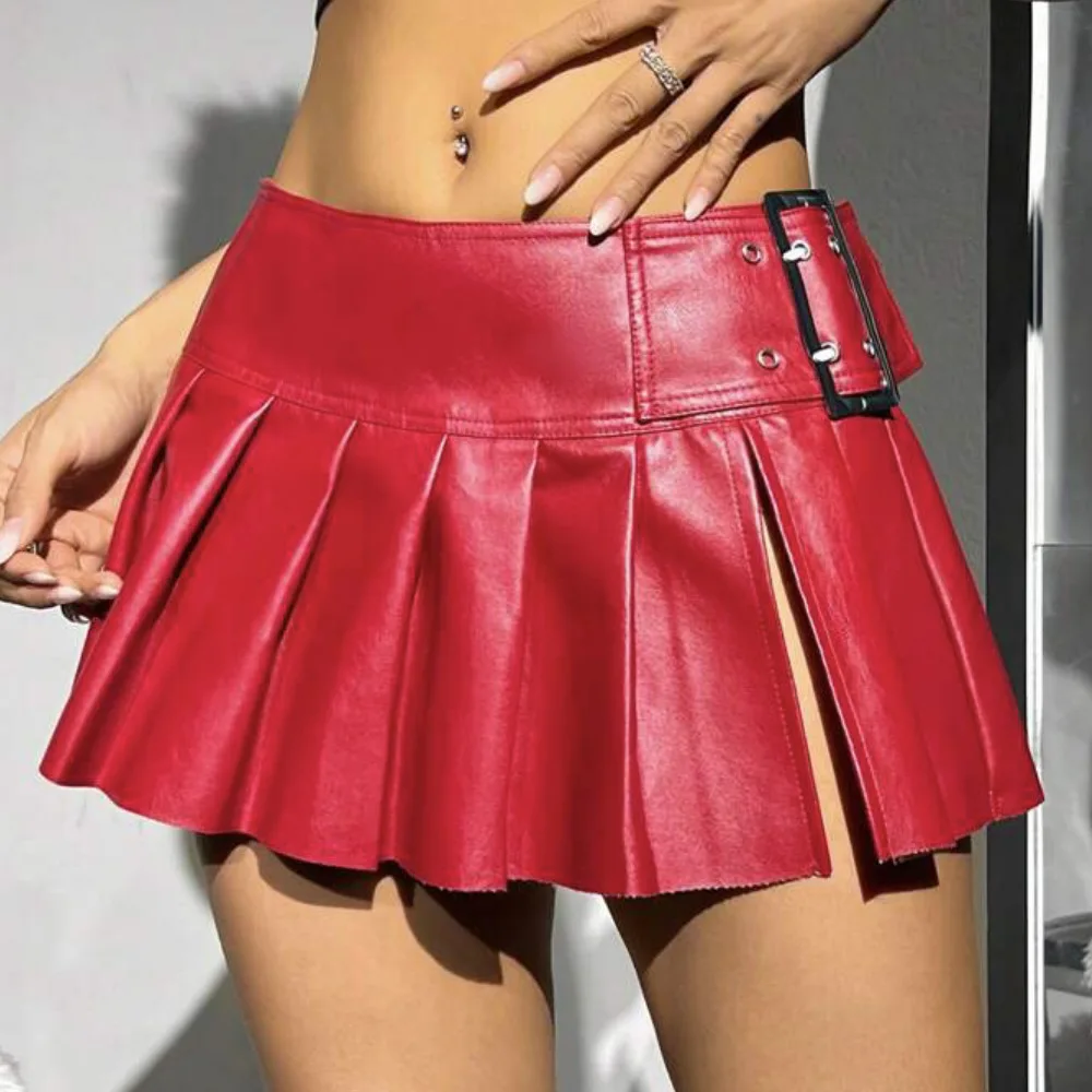 Sb430f5a199fb4f27a3d6ab898bd3622be.webp 2025 Autumn New Mid Waist PU Leather Slit Pleated Skirt for Women Y2k Mini Skirts