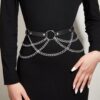1pc Gothic Black PU Leather Waist Chain Belt With Chain Pendant Adjustable Harness Belt