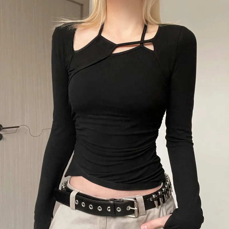 Y2k Asymmetrical Crop Top Cut Out Bandage T Shirt Stylish Korean Full Sleeve Slim Cross Tee Grunge Punk Harajuku Women