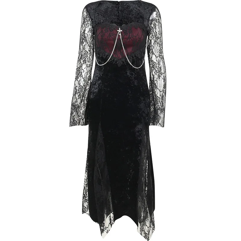 Gothic Women Evening Dresses Grunge Aesthetic Dark Wind Dress Lace Splice Sexy Split Alt Outfits