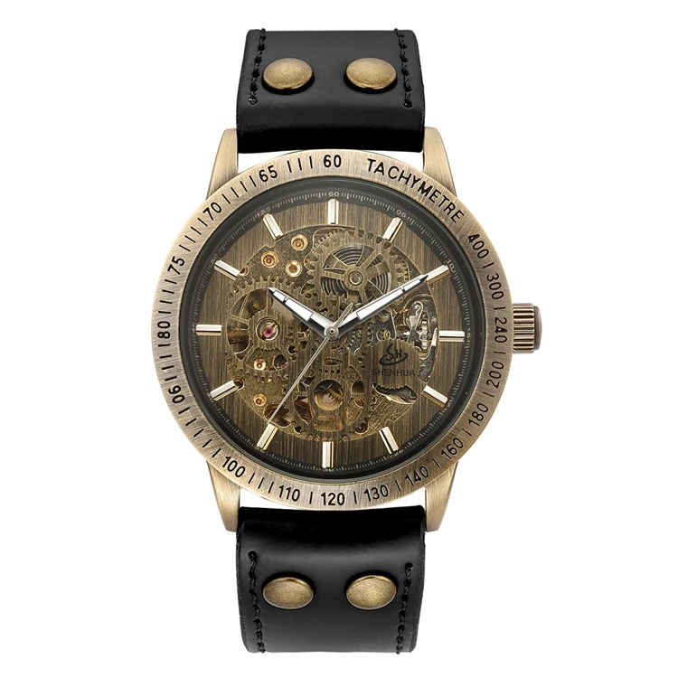 SHENHUA 36 Automatic Watch Men Skeleton Mechanical Watch Steampunk Vintage Bronze Leather Transparent Watches Montre Homme