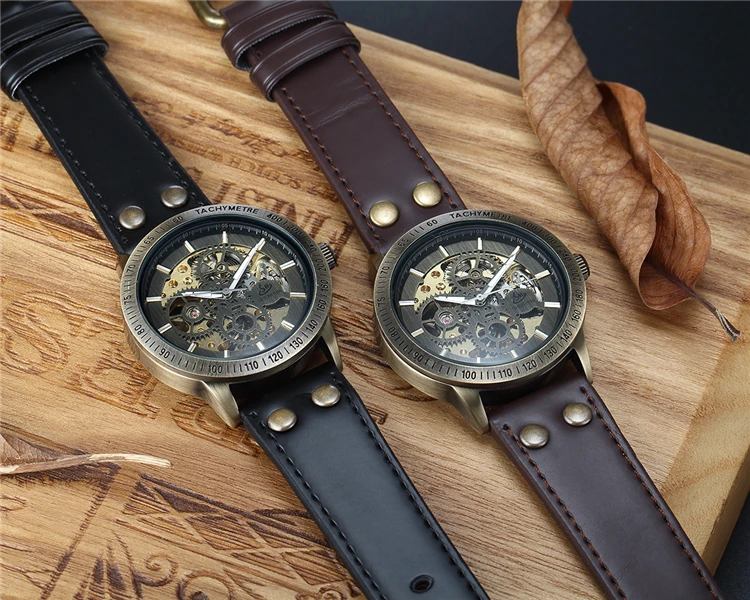 SHENHUA 36 Automatic Watch Men Skeleton Mechanical Watch Steampunk Vintage Bronze Leather Transparent Watches Montre Homme - Image 3