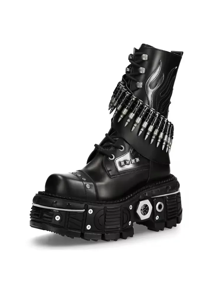 Gothic Punk Platform Combat Boots- Heavy Metal Steampunk Leather Boots with Bullet Chain and Flame Design for Men and Women