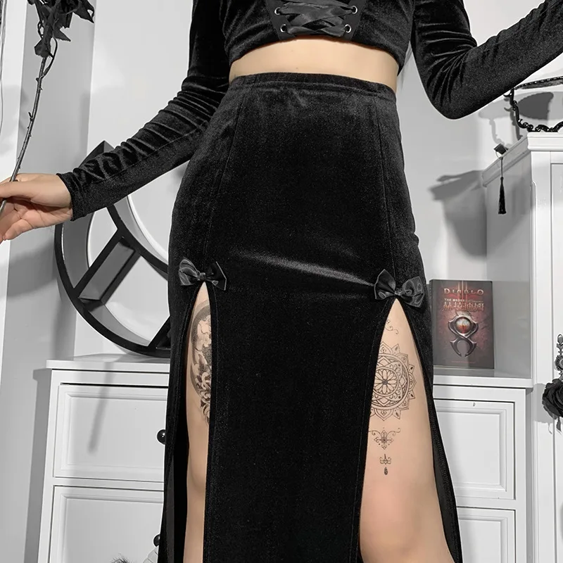 Vintage Gothic Black Split Skirts Aesthetic Sexy High Waist Bow Bodycon Long Skirt Elegant Punk Partywear Clothes
