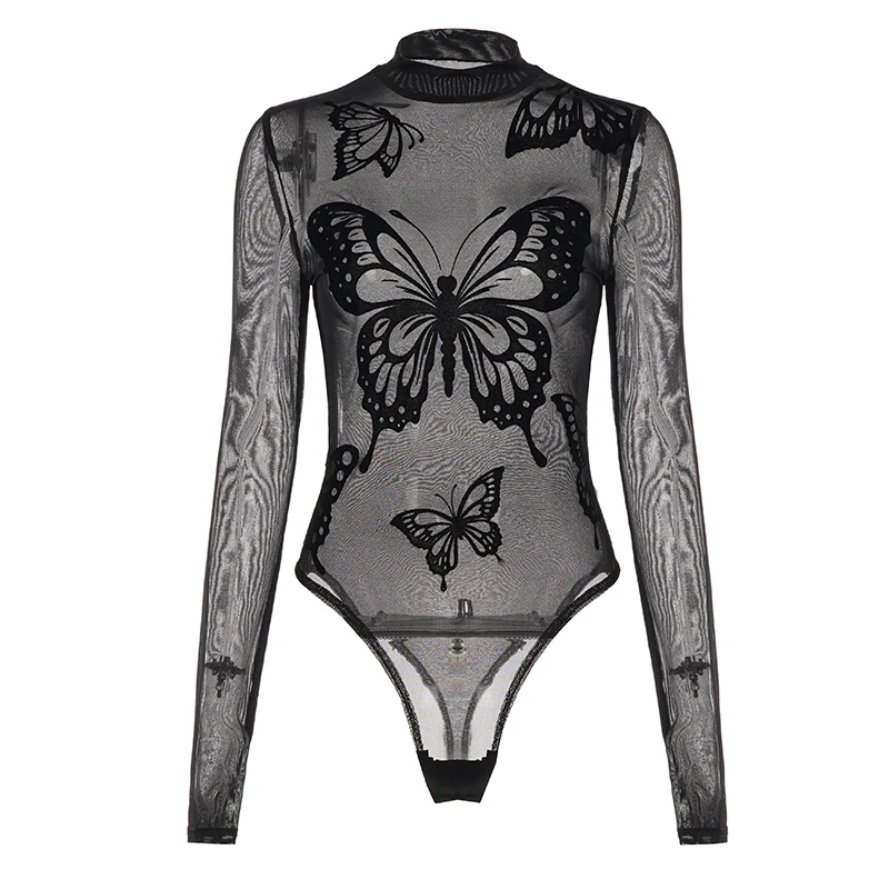 Gothic Solid Sexy Knitting Bodysuit High Stretch Mesh Tight-Fitting Sleeveless Round Neck Customizable Skinny