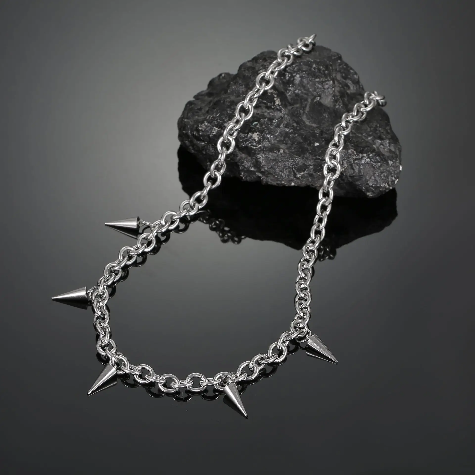 Men's Gothic Punk Style Silver Color Stainless Steel Link Chain Spike Choker Necklace Jewelry For Women - Image 3