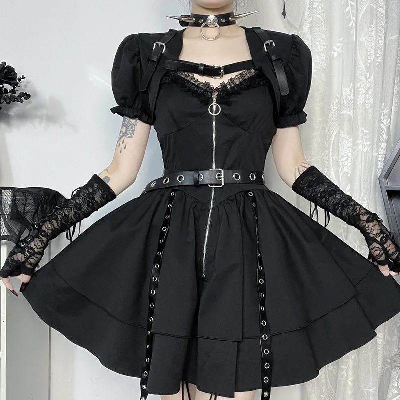 Y2K Black Gothic Lolita Shoulder Top Punk Style Bandage Mini Dress Women Sexy Dresses Club Clothes