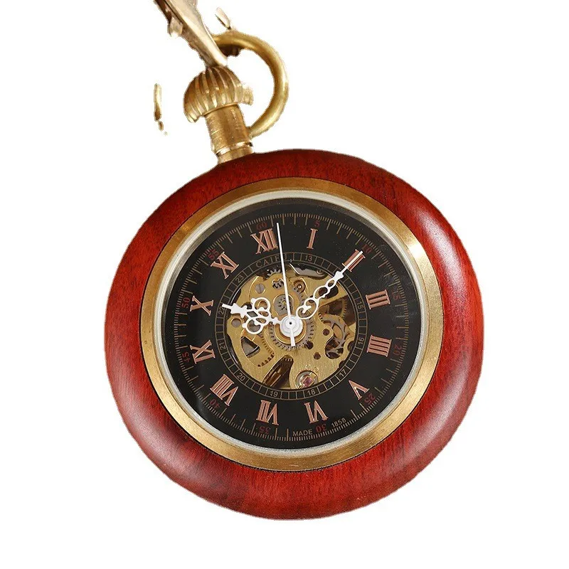 Best Gifts for Men Women Roman Numerals Vintage Hollow Case Steampunk FOB Chain 48MM Wood Automatic Mechanical Pocket Watch Men
