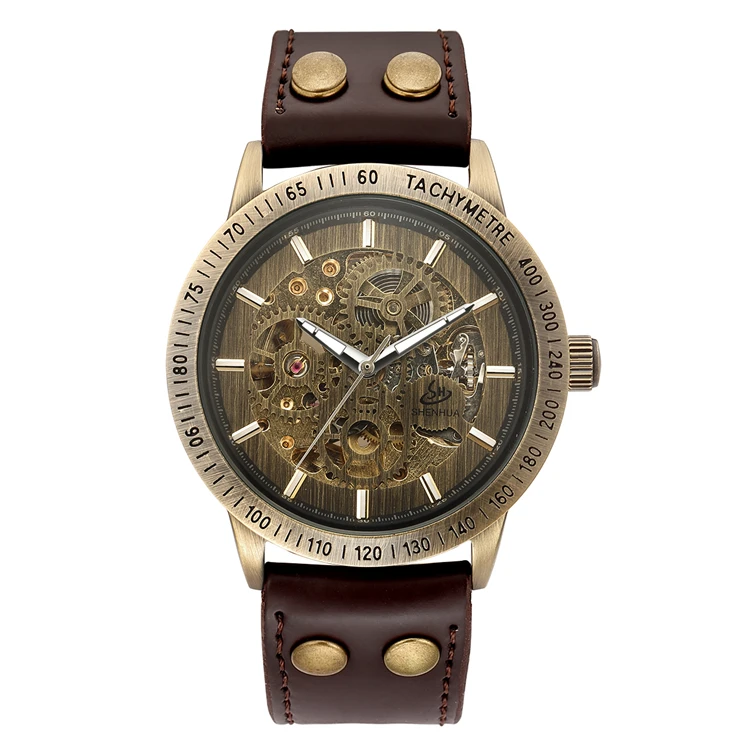 SHENHUA 36 Automatic Watch Men Skeleton Mechanical Watch Steampunk Vintage Bronze Leather Transparent Watches Montre Homme - Image 8