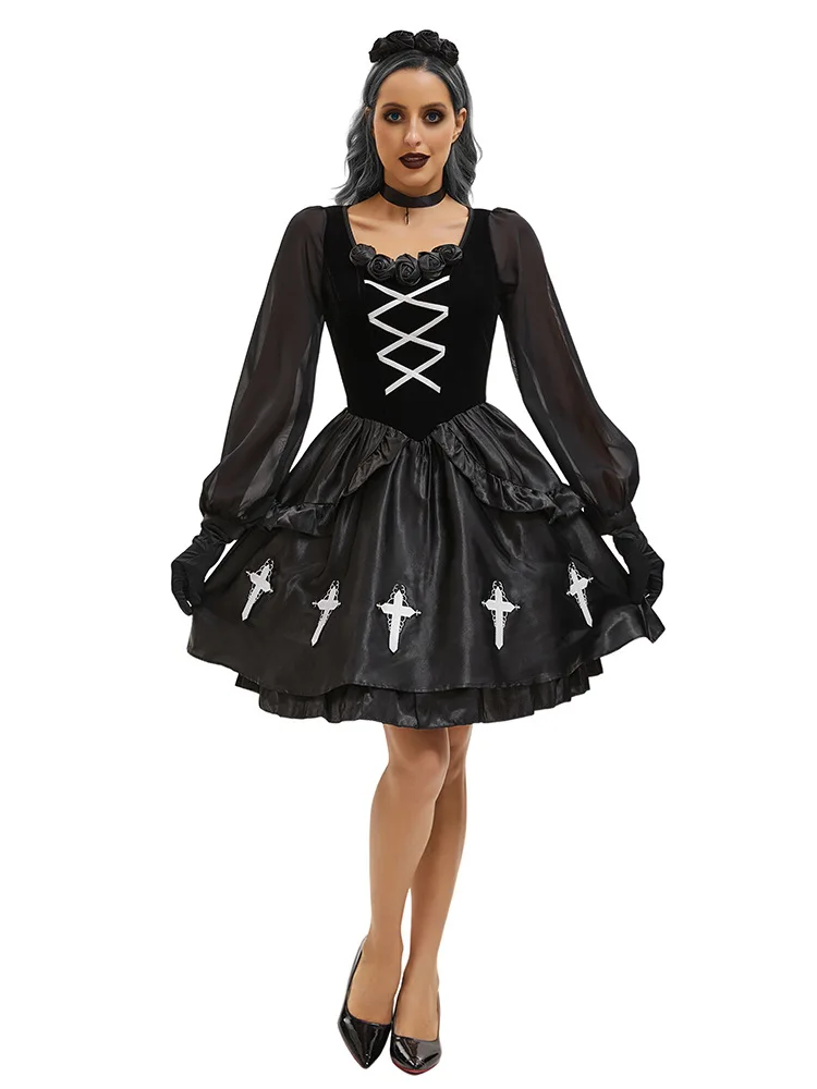 Halloween Adult Costume Goth Ghost Bride Dark Wind Imp Witch Dresses Black