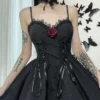 Goth Dark Tie up Gothic Elegant Women Dresses Grunge Aesthetic Jacquard A-Line Dress Emo Lace Trim Black Party Alt Clothes