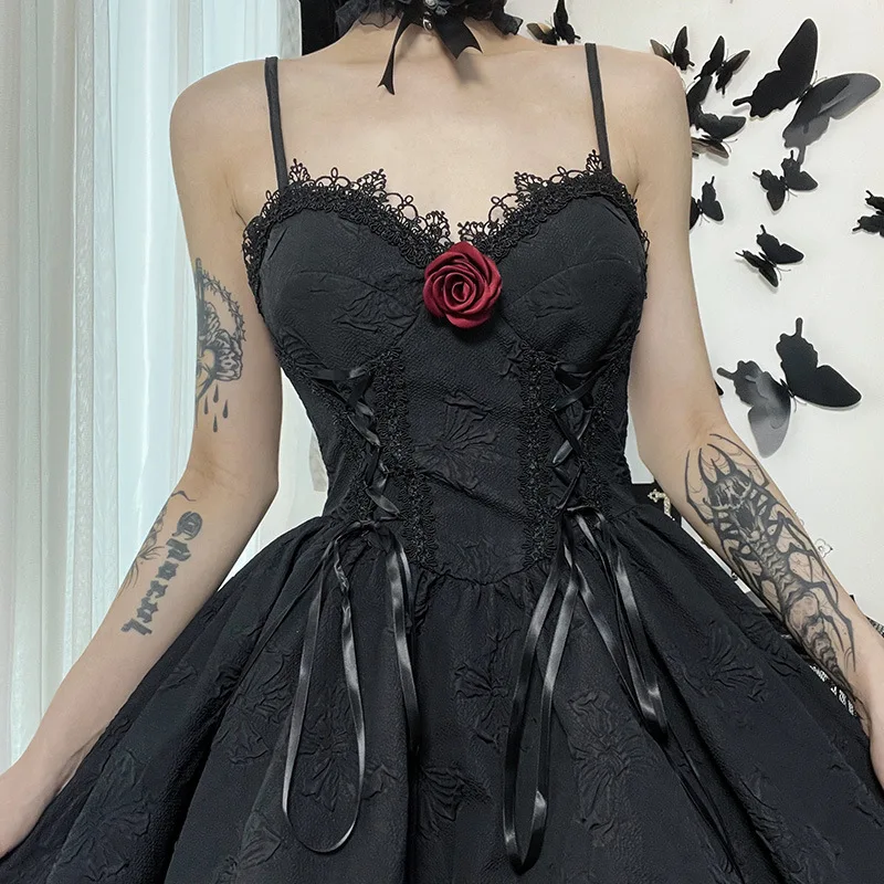Goth Dark Tie up Gothic Elegant Women Dresses Grunge Aesthetic Jacquard A-Line Dress Emo Lace Trim Black Party Alt Clothes