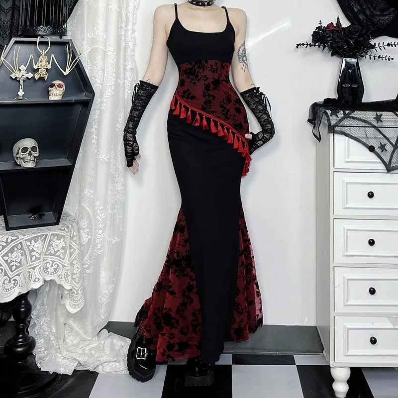 Gothic Lace Splicing Tassel Strap Dress Women Vintage Sleeveless Backless Dress Sexy Y2K Grunge Punk  Lolita Clubwear
