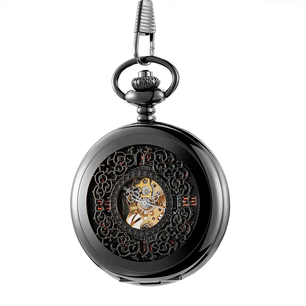 Black Hollow Flowers Smooth Mechanical Pocket Watch Men Skeleton Steampunk Hand Wind Pendant Clock Chain With Arabic Numerals