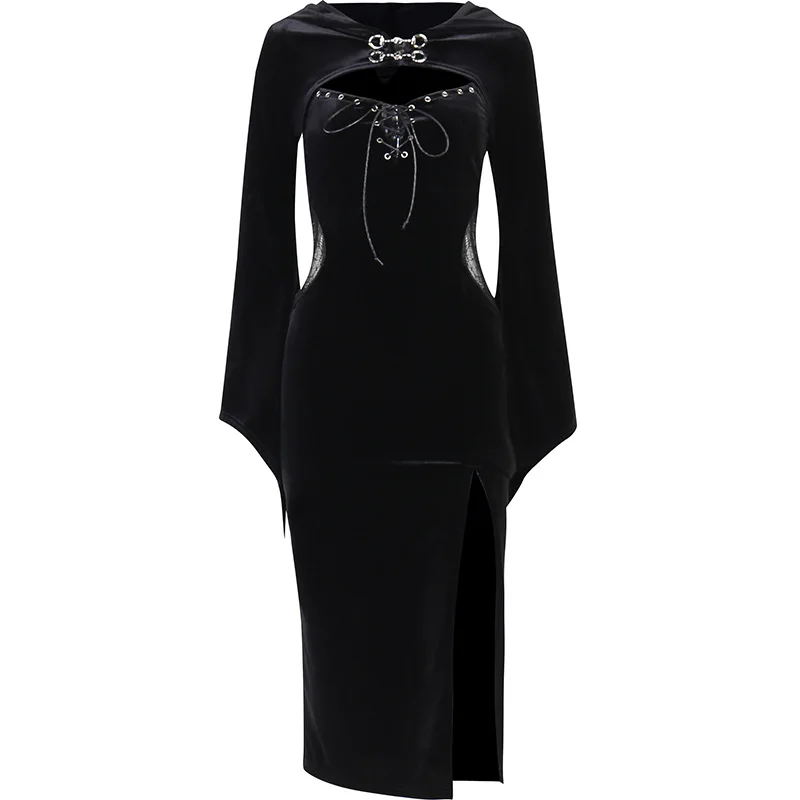 Halloween Gothic Women Dress Long Sleeve High Waist Dresses Goth Aesthetic 90s Egirl Sexy Slim Party Club Dress