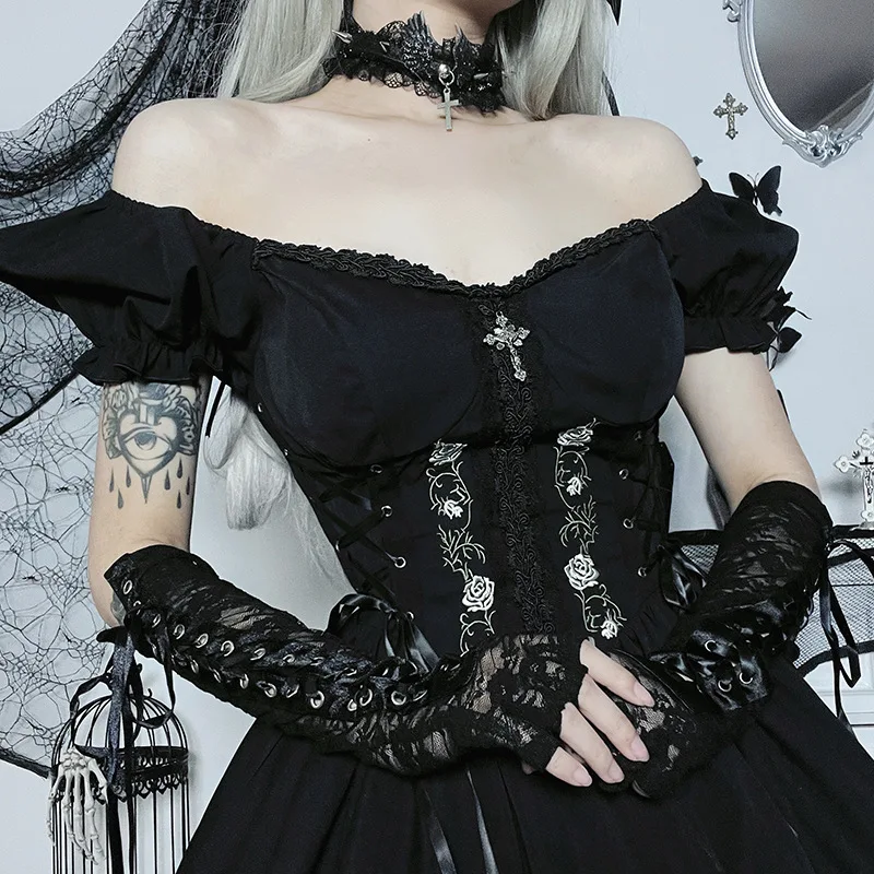 Gothic Princess Dress Women Dark Harajuku Lace up Cross Corset Dress Streetwear Partywear Lolita Dress Female