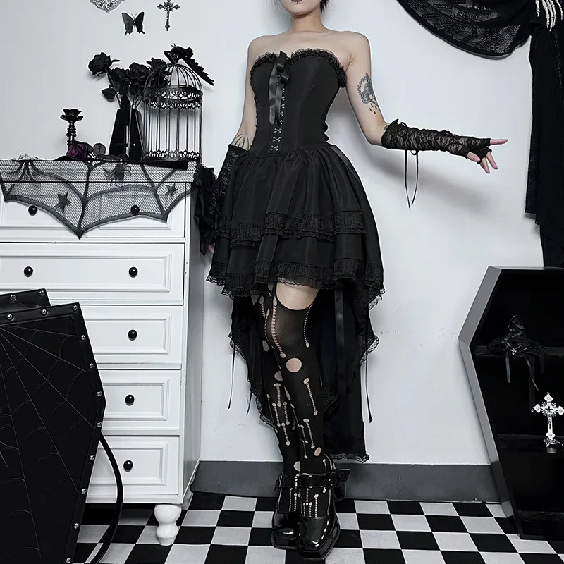 Gothic Dark Halloween Black Dress Women Lace Patchwork High Waist Corset Dress Nightclub Cosplay Party