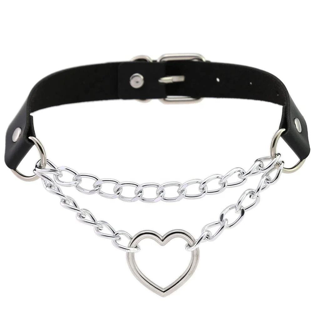 Women Men Punk Exaggerated Handmade Chain Choker Necklace Heart Metal Leather Collar Bondage Harness Necklace