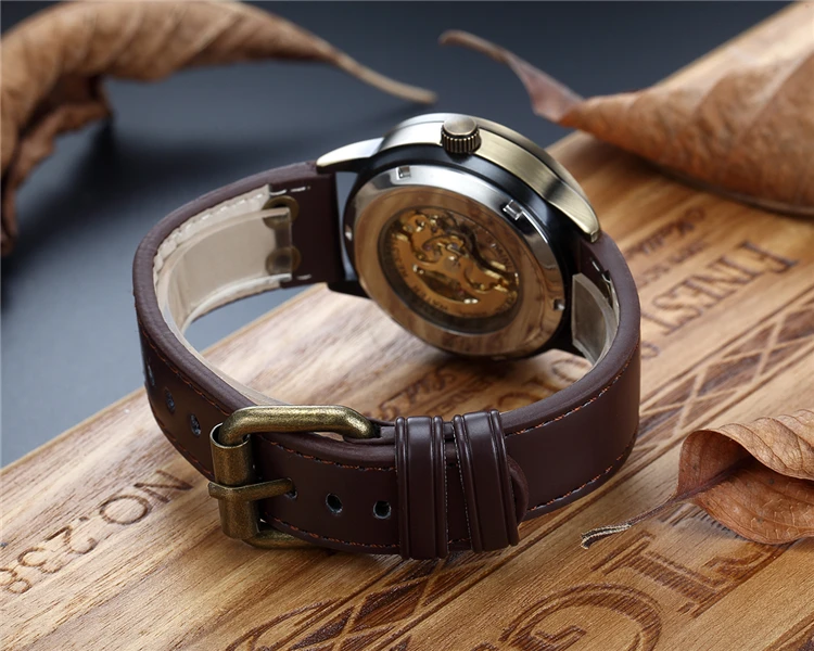 SHENHUA 36 Automatic Watch Men Skeleton Mechanical Watch Steampunk Vintage Bronze Leather Transparent Watches Montre Homme - Image 6