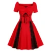 2023 Red Black Patchwork Gothic Punk Steampunk Dress Lace up Retro Vintage Swing Cotton Streetwear 50s 60s Rockabilly Jurken