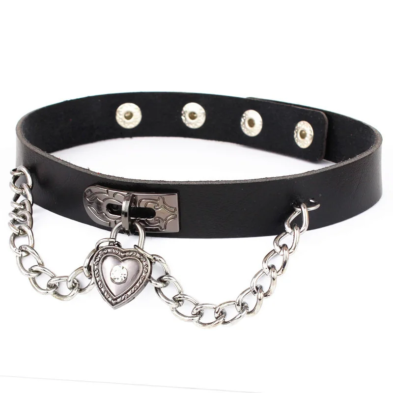 Fashion Vintage Adjustable Leather Choker Multi Color Collar Chain Necklaces With Heart Pendent Punk Choker