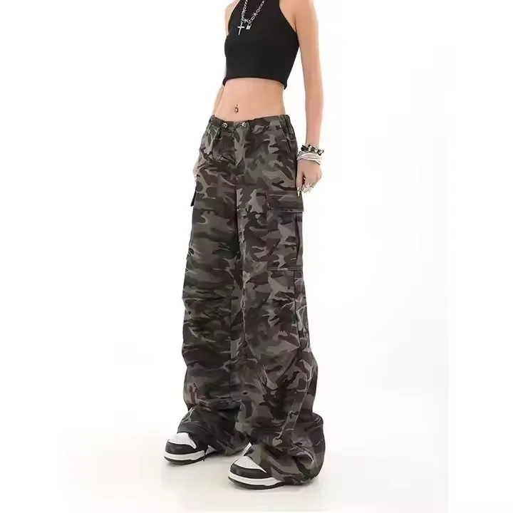 Women Y2k Hip-hop Cargo Grunge Baggy Trousers Camouflage Loose Wide Leg Pants American Retro High Street Casual Overalls