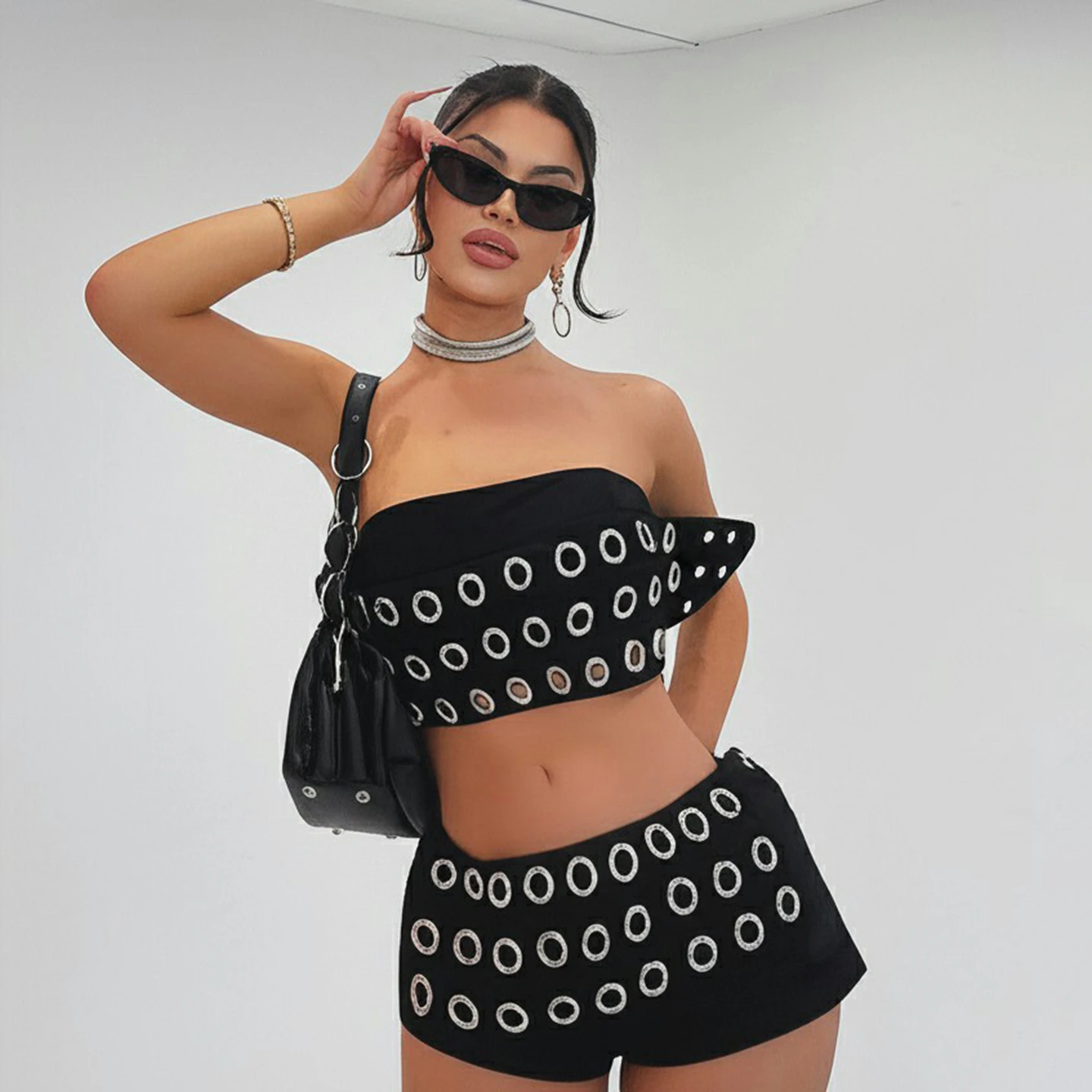 Punk Two Piece Set for Women Y2K Matching Solid Crop Top Above Knee Shorts Metal Eyelets Eco-Friendly Sexy Gothic Streetwear