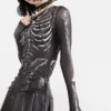 Black Dark Academia Clothes Y2k Tees Streetwear Women Skeleton Pattern Round Neck Long Sleeve Crop Top Gothic Punk Shirt 2000s