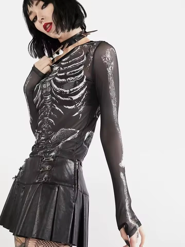 Black Dark Academia Clothes Y2k Tees Streetwear Women Skeleton Pattern Round Neck Long Sleeve Crop Top Gothic Punk Shirt 2000s