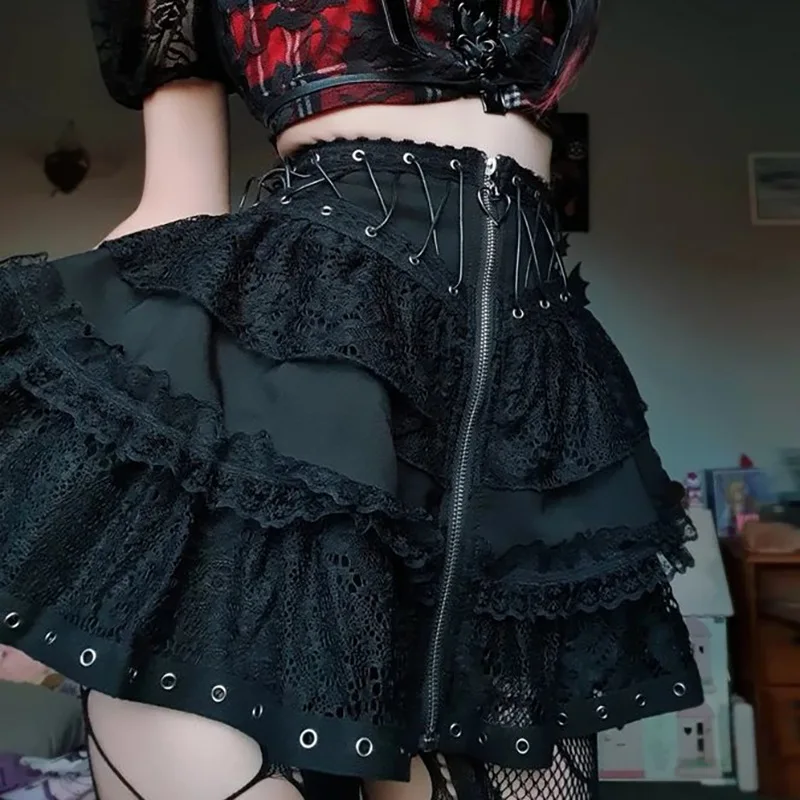 Streetwear Gothic Lace Skirt Women Emo Alternative Y2k Lolita High Waist Skirt Harajuku Grunge Clubwear Female