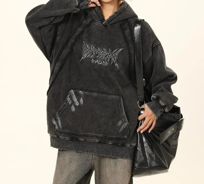 American Vintage Fashion Wash to Do Old Deconstructed Stitching Embroidery Gothic Letter Hoodie Plus Fleece High Street