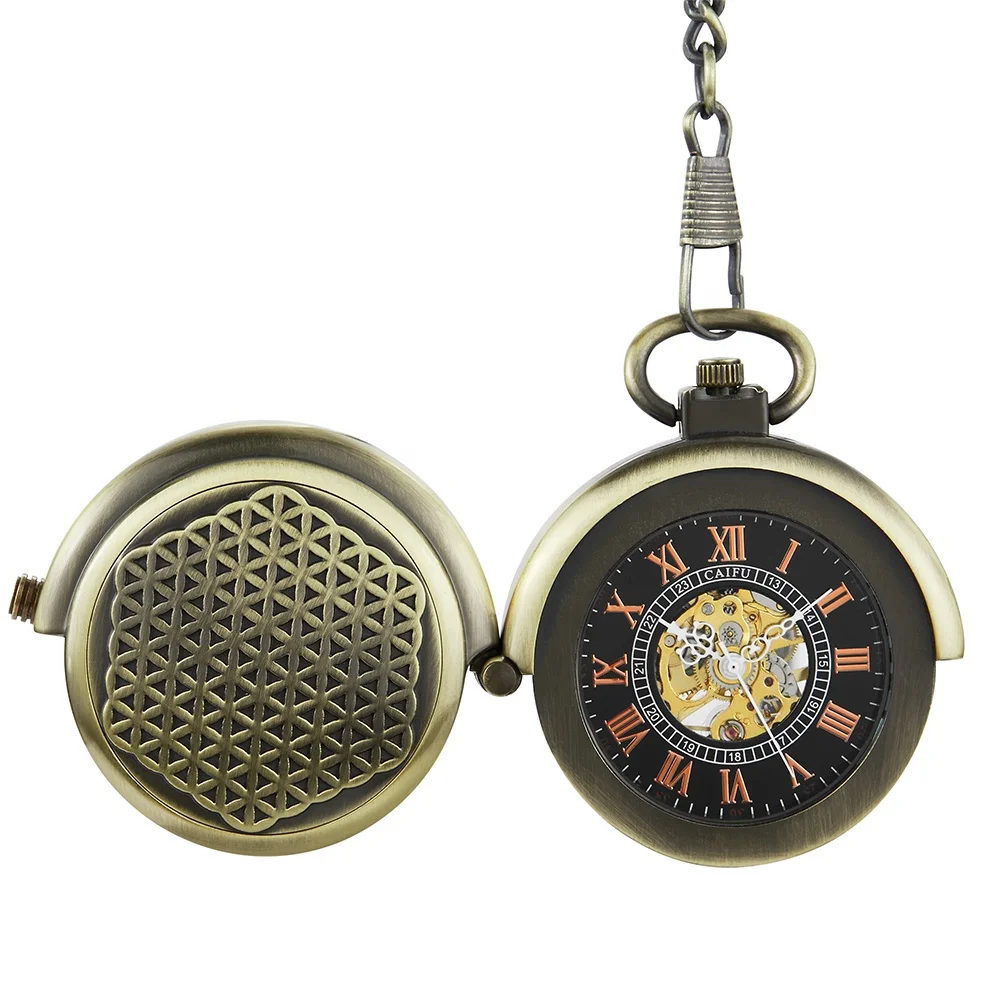 Steampunk Mechanical Hand Wind Pocket Watch Man Hollow Retro Bronze Cover Double Turntable Capping Pendant Necklace Reloj Honbre