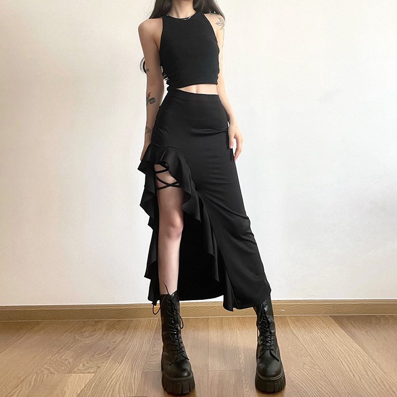 AltGoth  Coquette Mall Goth Skirt Women Streetwear Grunge High Waist Irregulr Split Skirt Vintage Emo Alternative Indie Clothes