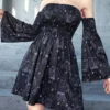 Goth Dark Aesthetic Moon Print Shirring Mini Dresses Grunge Punk Backless Sexy Women Dress Witch Off Shoulder Vintage Alt Clothe