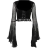 Goth Sexy Lace Mesh Flared Long Sleeve Corset Crop Tops Y2K Harajuku Vintage Aesthetic Black T-shirts Women Tops Tees Streetwear