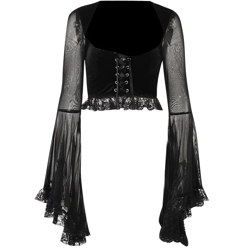 Goth Sexy Lace Mesh Flared Long Sleeve Corset Crop Tops Y2K Harajuku Vintage Aesthetic Black T-shirts Women Tops Tees Streetwear