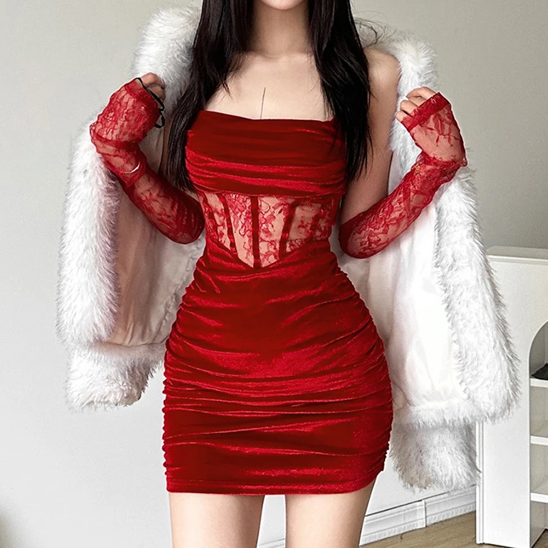 Goth Dark Velvet Y2k Ruched Elegant Corset Dresses Gothic Lace Patches Sheer Sling Party Dress Red Black Ladies Backless Clothes
