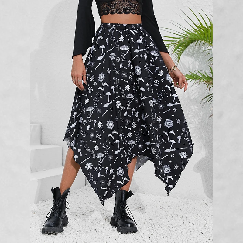 Goth Dark Casual Handkerchief Hem Printed Skirts Fairy Grunge Aesthetic Black Emo Long Skirt Female High Waist A-line Streetwear