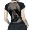 Gothic See Through Angel Graphic Print T-shirt for Women Goth Punk Slim Fit Sexy Mesh Y2k Long Sleeve Grunge Transparent