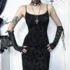 Goth Dark Cross Flocking Mall Gothic Aesthetic Dresses Grunge Punk Mesh Elegant Party Long Dress Sling Slim Sexy Emo Alt Outfits