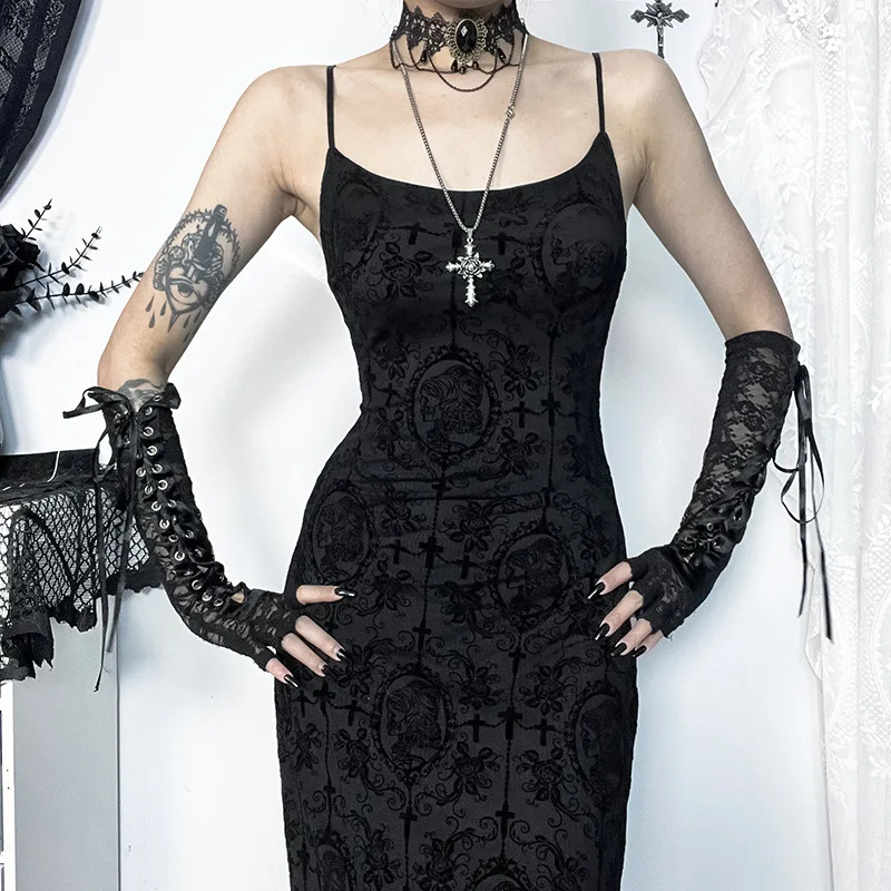Goth Dark Cross Flocking Mall Gothic Aesthetic Dresses Grunge Punk Mesh Elegant Party Long Dress Sling Slim Sexy Emo Alt Outfits